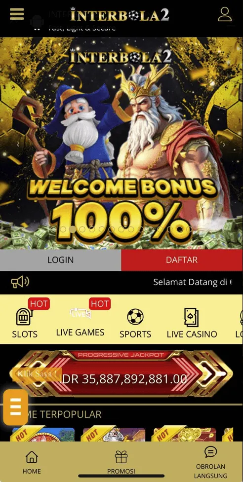 Tampilan utama INTERBOLA2 aplikasi mobile, situs resmi game online yang aman dan terpercaya.