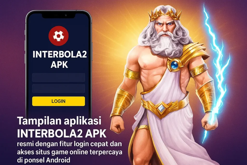 Tampilan aplikasi INTERBOLA2 APK resmi dengan fitur login cepat dan akses situs game online terpercaya di ponsel Android.
